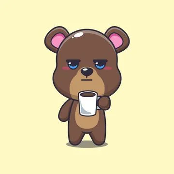 Bear mascot cartoon character vector illustration is tired and sleepy holdi.. Stock Illustration