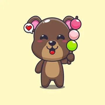 Bear mascot cartoon character vector illustration eating dango. Stock Illustration