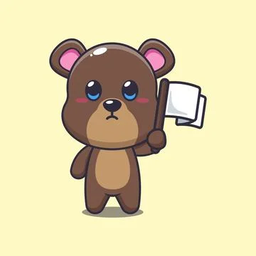 Bear mascot cartoon character vector illustration with white flag. Stock Illustration