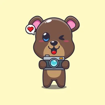 Bear mascot cartoon character vector illustration with camera. Stock Illustration