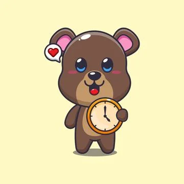 Bear mascot cartoon character vector illustration with clock Stock Illustration