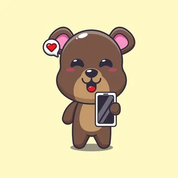 Bear mascot cartoon character vector illustration with mobile phone. Stock Illustration