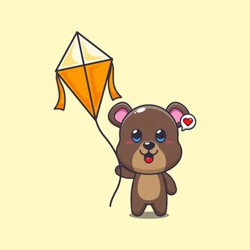 Bear mascot cartoon character vector illustration playing kite. Stock Illustration
