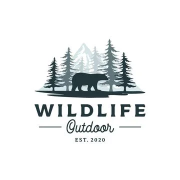 Bear, Mountain and Pine Cedar Conifer Wilderness Adventure Logo Design Stock Illustration