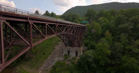 Bear Mountain Bridge from under roadway with Hudson River and Anthony’s Nose Stock Footage 346401032