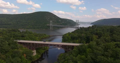 Bear Mountain Bridge view with Hudson River and Anthony’s Nose Stock Footage 346371542