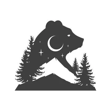 Bear mountain night forest spruce camping double exposure effect monochrome v イラスト素材