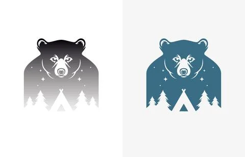 Bear night camping with forest double exposure effect vintage design for t sh Stock Illustration