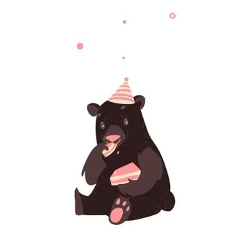 Bear in party hat sitting and eating birthday cake Ilustración de archivo