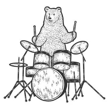 Bear plays the drum set. Engraving vector illustration. Sketch. Stock Illustration
