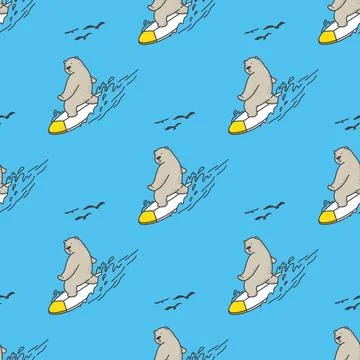 Bear polar bear seamless pattern surfing ocean vector wallpaper background Stock Illustration