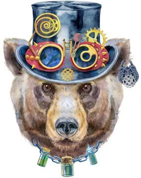 Bear portrait in steampunk hat with goggles. Watercolor brown bear painting i Stock Illustration