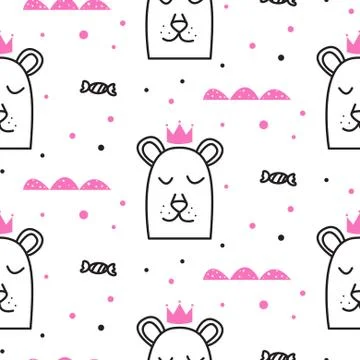 Bear princess line fun seamless pattern for kids and babies Illustrazione stock