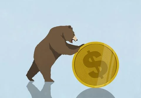 Bear pushing, rolling large gold coin with dollar sign against blue background Stockillustratie