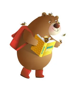 Bear Read and Study a Book with Bees Isolated Clip Stock Illustration