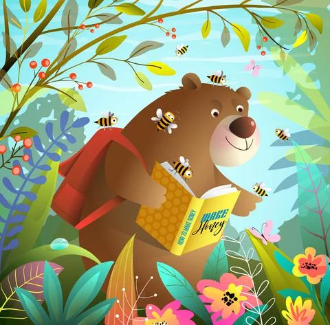 Bear Read and Study a Book in Forest Nature Stock Illustration