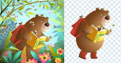 Bear Read and Study a Book in Forest and Isolated Stock Illustration