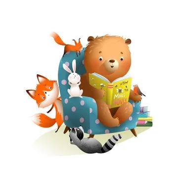 Bear Read Book to Animals School Education Cartoon Stock Illustration