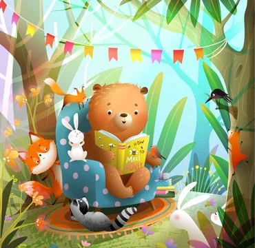 Bear Read Book in Forest Nature and Animals listen Stock Illustration