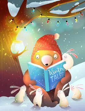 Bear Reading Book to Rabbits Winter Forest Night Stock Illustration