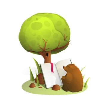 Bear reading book under tree watercolor vector illustration Stock Illustration