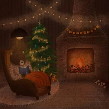 Bear reading in cozy forest den by the fireplace. Charming kids' illustration Ilustración de archivo