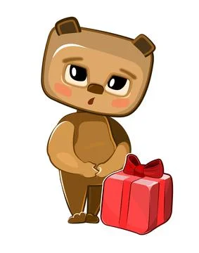 Bear received a gift. Red box with ribbon and bow. He is embarrassed to take. Stock Illustration