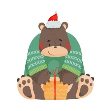 Bear in Red Hat and Knitted Sweater as Christmas Character Sitting with Wrapped Stock Illustration