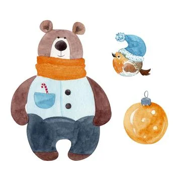 Bear, robin, bauble Illustrazione stock