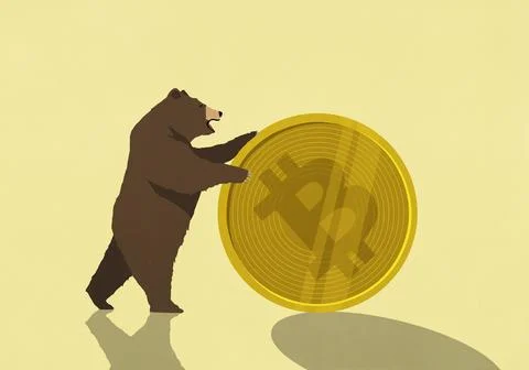 Bear rolling large Bitcoin against yellow background Stock Illustration