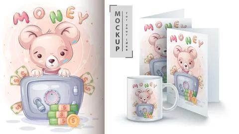 Bear is saving money poster and merchandising. Stock Illustration
