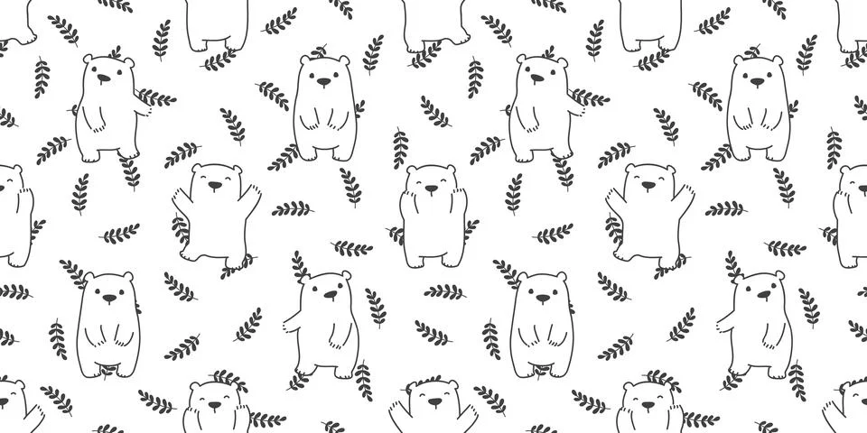Bear seamless pattern polar bear isolated teddy leaf vector wallpaper background Stock Illustration
