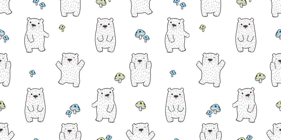 Bear seamless pattern vector polar bear isolated teddy happy mushroom Illustrazione stock
