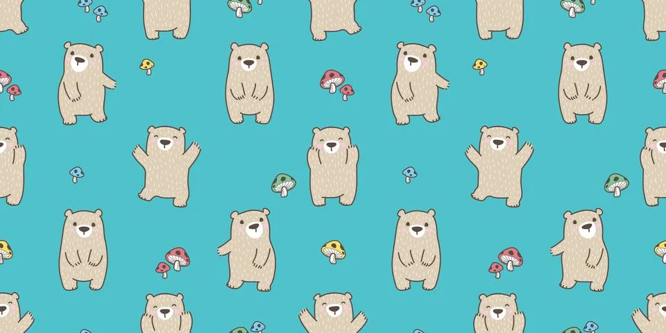 Bear seamless pattern vector polar bear teddy happy mushroom forest Illustrazione stock