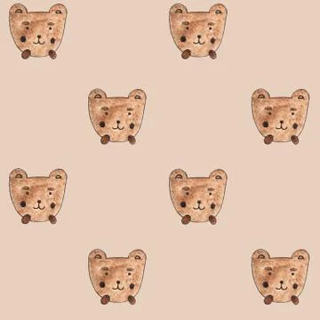 A bear, Seamless Pattern. Watercolor Hand Drawn, a bear Head Seamless Background Stock Illustration