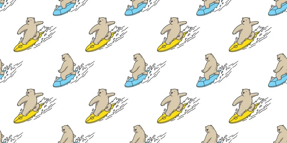Bear seamless Polar Bear vector pattern isolated surf ocean wave cartoon Stock Illustration