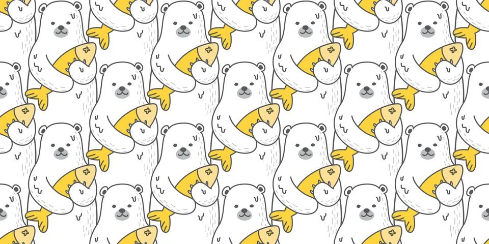 Bear seamless polar bear vector pattern isolated fish cartoon white Stock Illustration