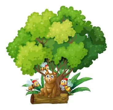 A bear sitting above the log surrounded with bees Stock Illustration