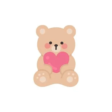 Bear Sitting and Holding a Small Pink Heart in Cute Artwork Stock Illustration