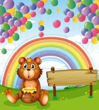 A bear sitting beside the empty board with balloons and a rainbow Stock Illustration