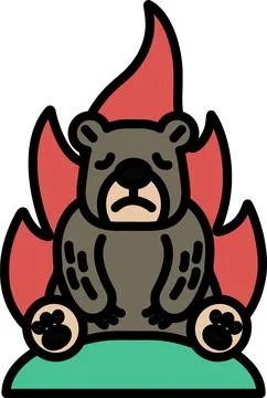 A bear is sitting on a fire, looking sad 스톡 일러스트