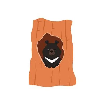 Bear is sitting in a hollow tree, vector flat illustration on a white background Illustrazione stock