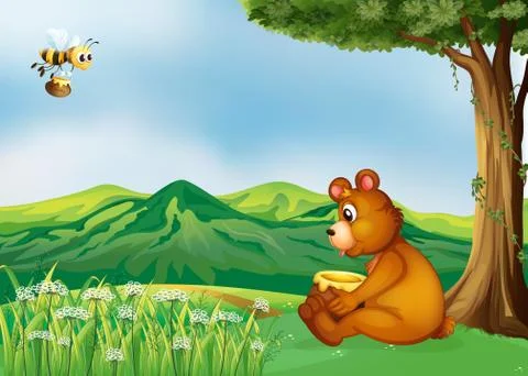 A bear sitting near a tree 스톡 일러스트