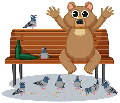 Bear Sitting on Park Bench Feeding Pigeons イラスト素材