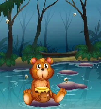 A bear sitting on a stone holding a pot of honey Stock Illustration