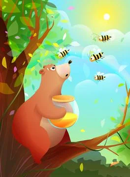 Bear Sitting on Tree with Honey Jar and Angry Bees Illustrazione stock