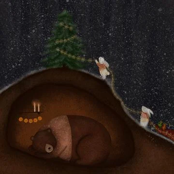 Bear sleeping inside den in woods, two rabbit are decorating Christmas tree. Ilustración de archivo