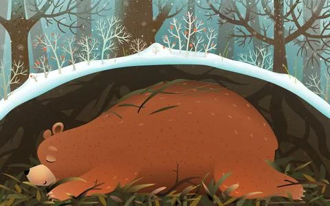 Bear Sleeping or Hibernating in Den in Forest Stock Illustration