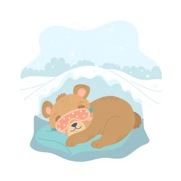 Bear sleeping in winter, cute character with sleeping mask in the cave. Cute Illustrazione stock