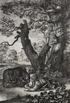 A bear is sniffing at a man lying face downwards on the ground while anothe.. Stock Illustration